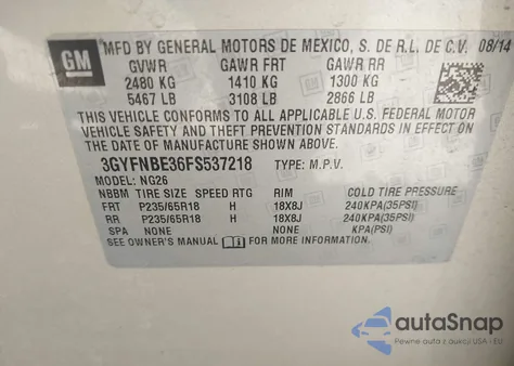 2015 Cadillac Srx Luxury Collection z USA, uszkodzony, nr VIN 3GYFNBE36FS537218